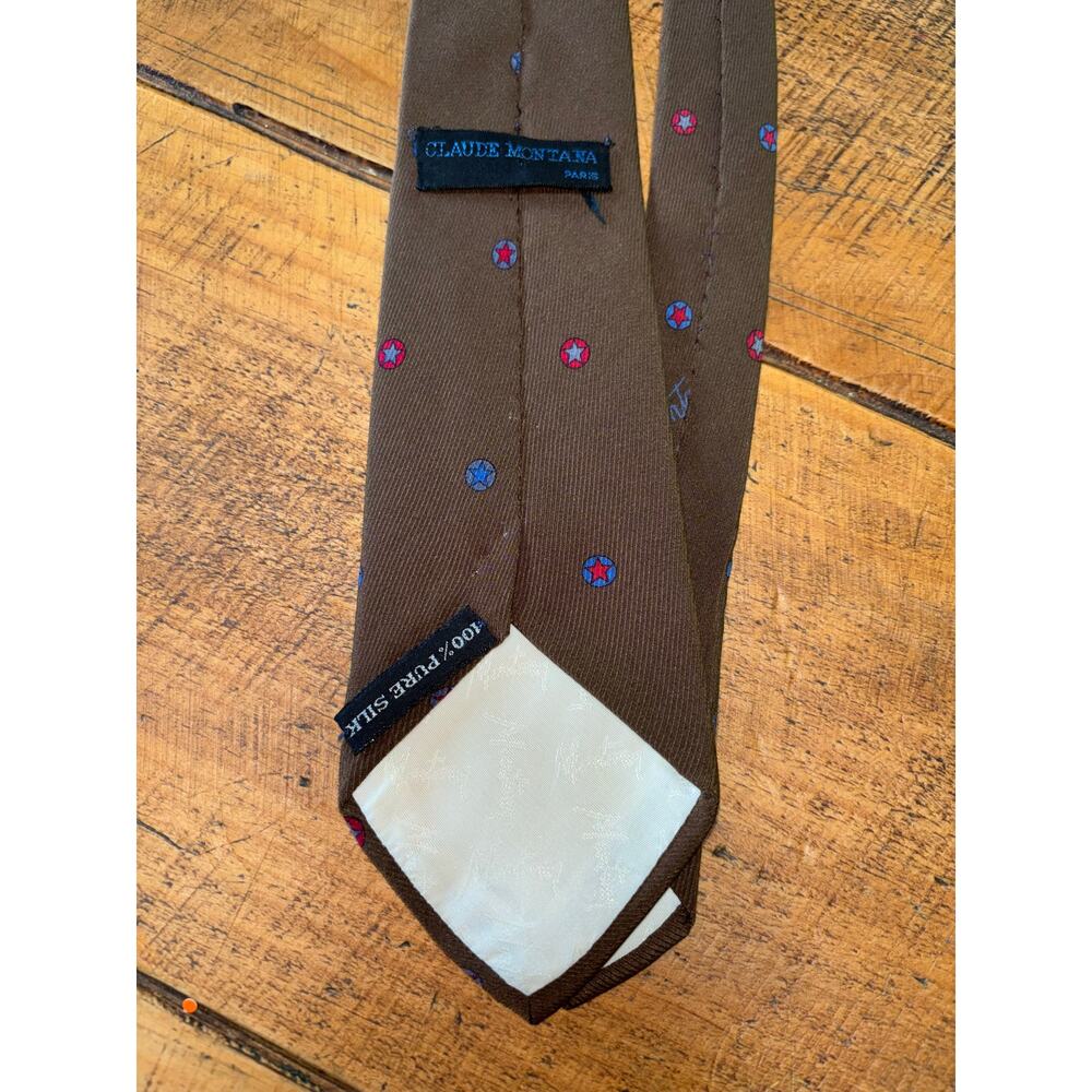 Mens Claude Montana Paris 100% Silk Brown‎ Star Design Tie - Picture 7 of 8